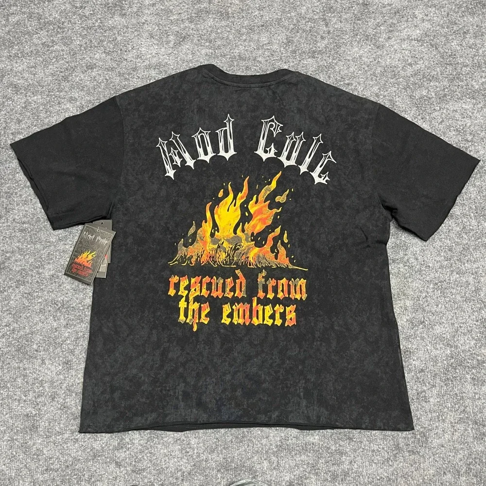Biker Shirt Mens Large Black Mad Cult Rescued From The Embers Flaming Skull Boxy